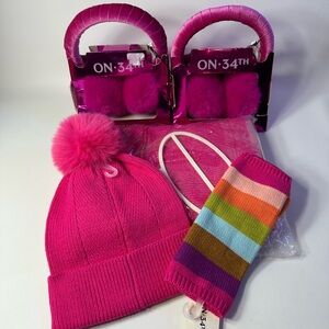 5 PIECE SET WOMEN’S PINK WINTER GIFT SET, KNIT SCARF, HAT & GLOVES, 2 EARMUFFS